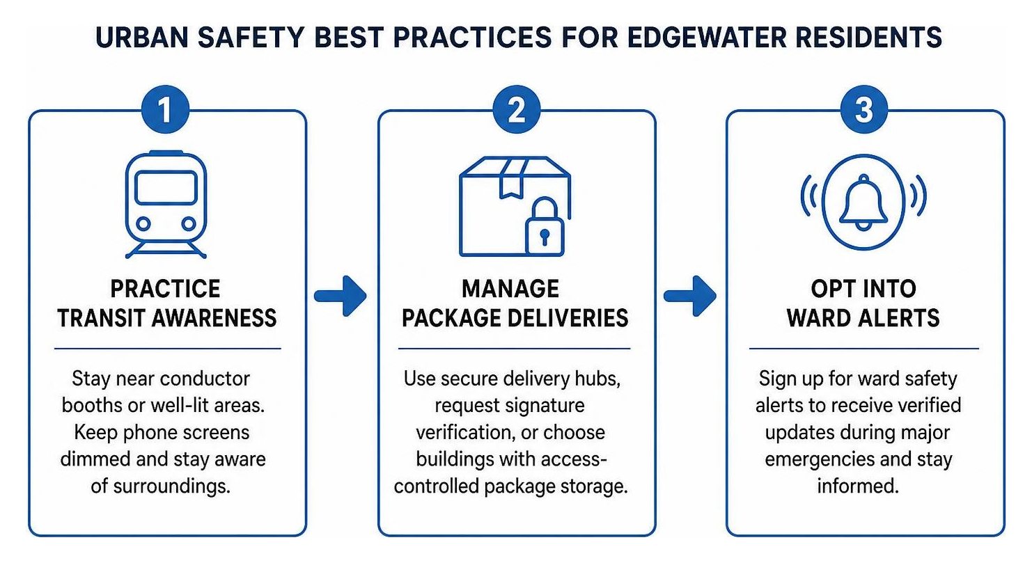 Process diagram showing urban safety best practices for Edgewater residents Process diagram showing urban safety best practices for Edgewater residents