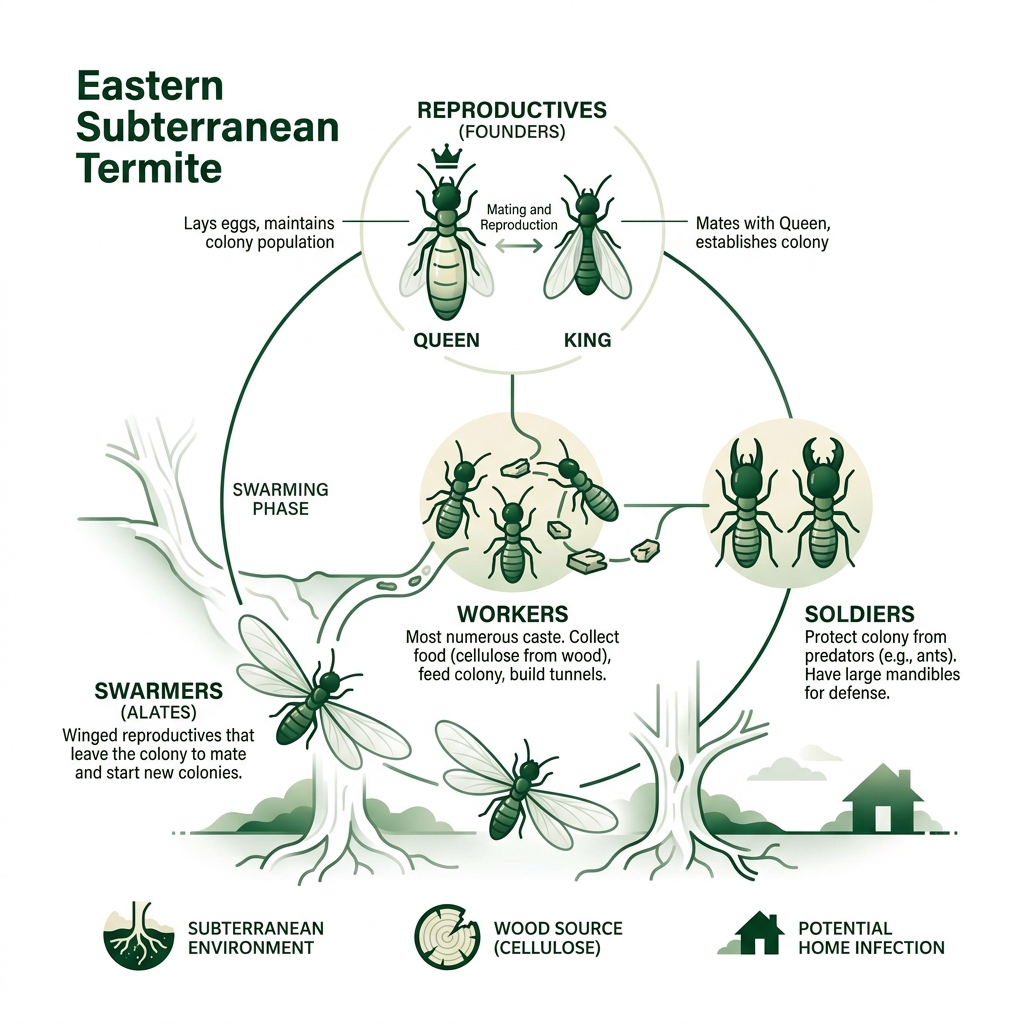 Termite colony hierarchy infographic showing queen, king, workers, soldiers, and swarmers - termite control Bedford MA