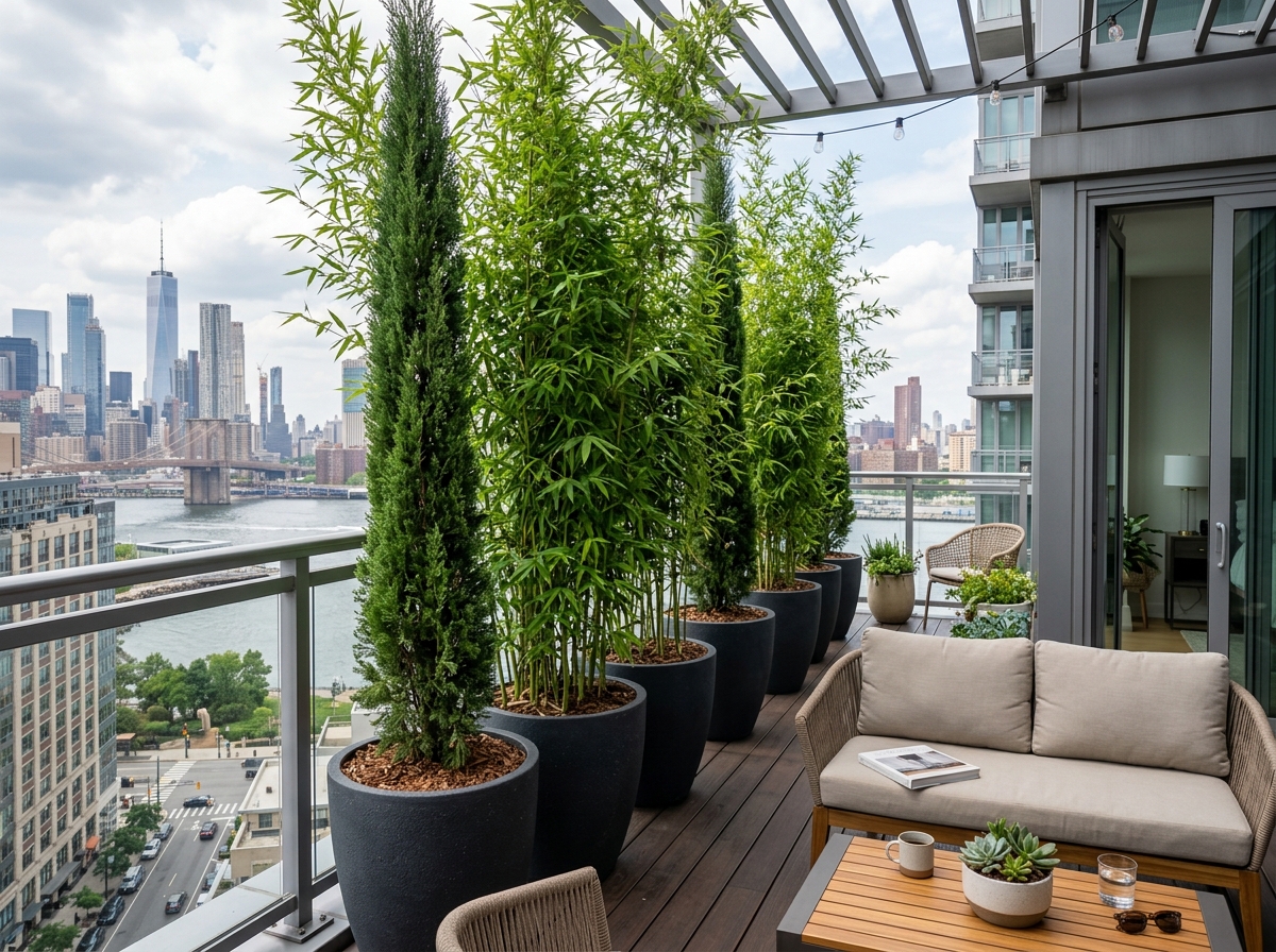 Tall-potted plants creating a natural privacy screen on a modern terrace - terrace plants ideas