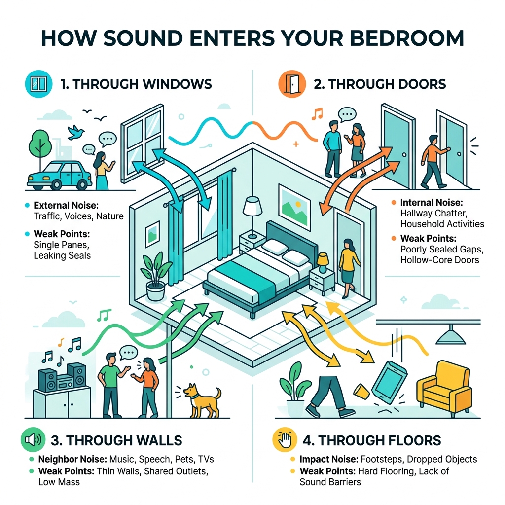 How sound travels through bedroom walls, doors, windows, and floors infographic - DIY budget soundproof bedroom infographic How sound travels through bedroom walls, doors, windows, and floors infographic - DIY budget soundproof bedroom infographic