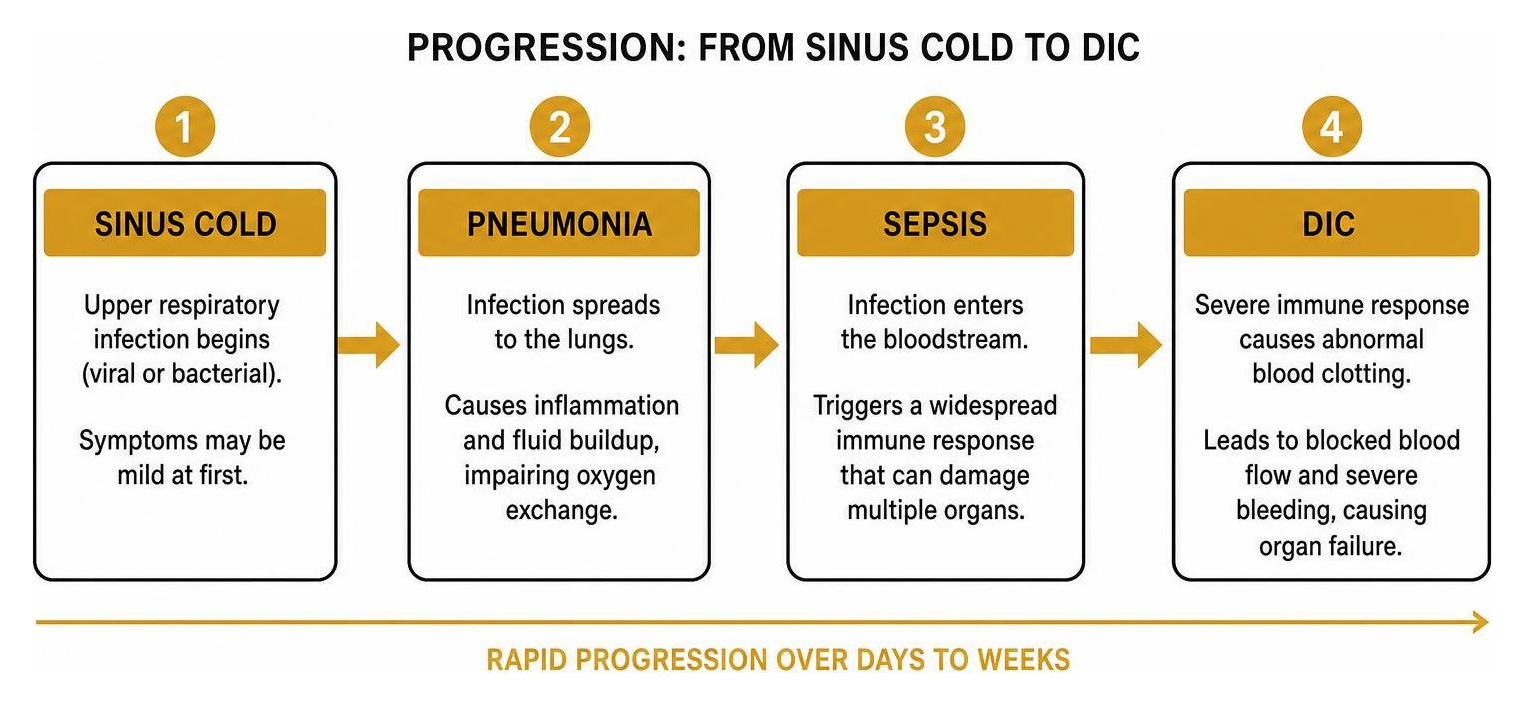 Diagram showing progression from sinus cold to pneumonia to sepsis and DIC