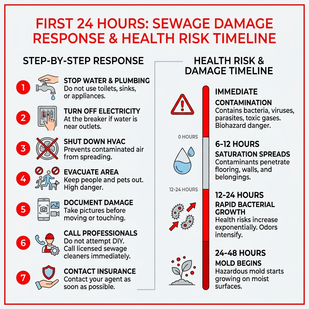 First 24 hours of sewage damage response steps and health risk timeline - sewage damage cleanup infographic 