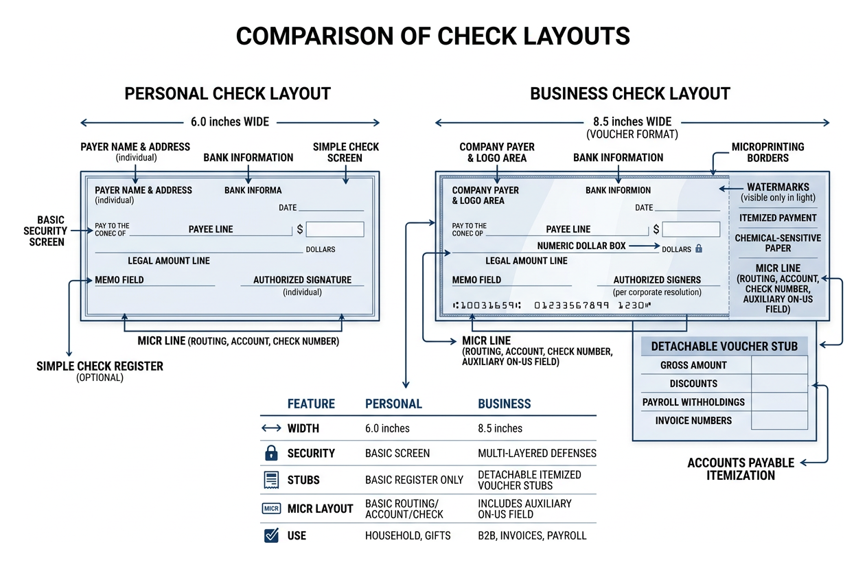Comparison of business check vs personal check layout