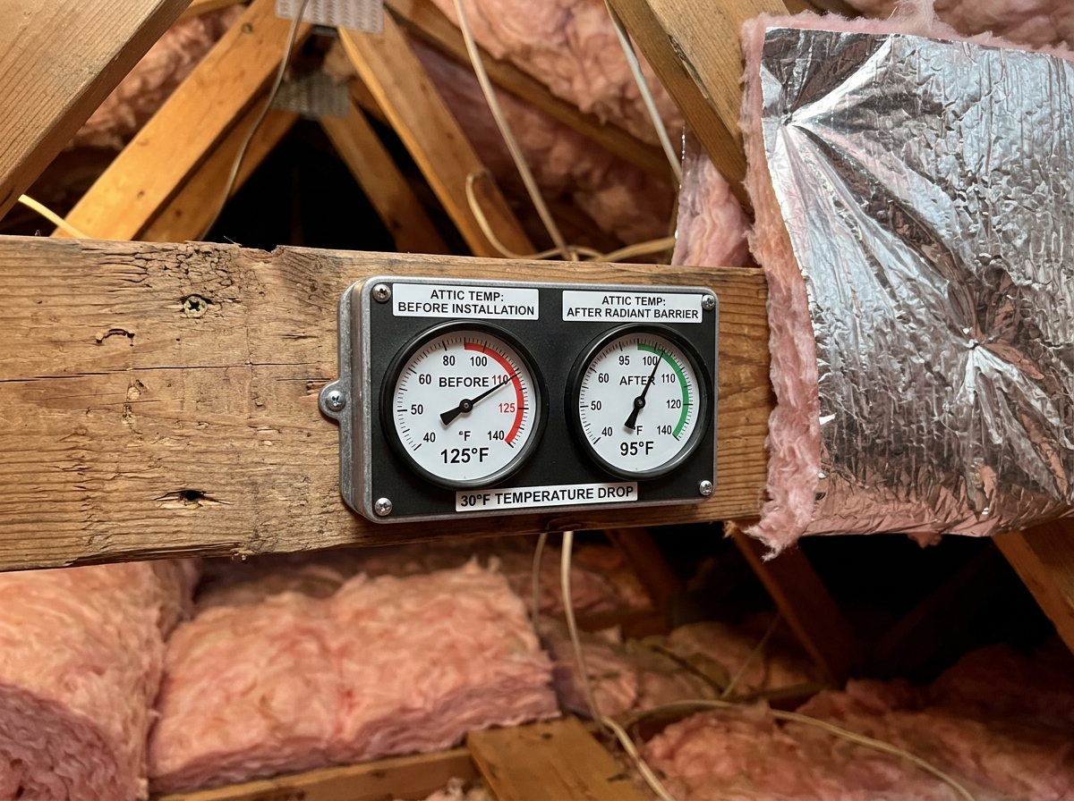 Attic temperature gauge showing a 30-degree drop after installation - adding radiant barrier to attic