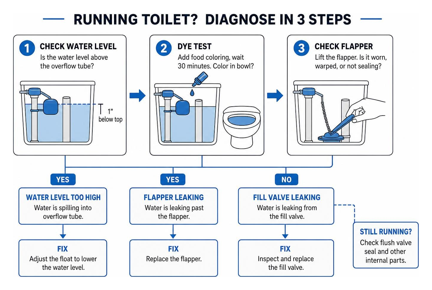 Step-by-step troubleshooting sequence for a running toilet Step-by-step troubleshooting sequence for a running toilet