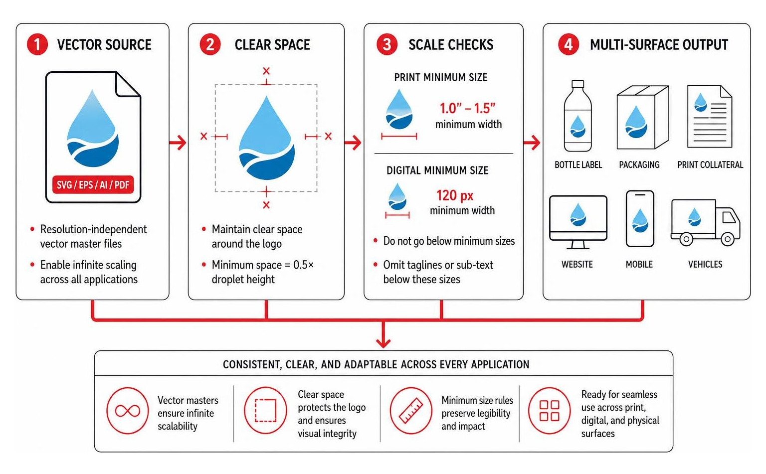 Water logo deployment pipeline: vector source to clear space, scale checks, and multi-surface output Water logo deployment pipeline: vector source to clear space, scale checks, and multi-surface output