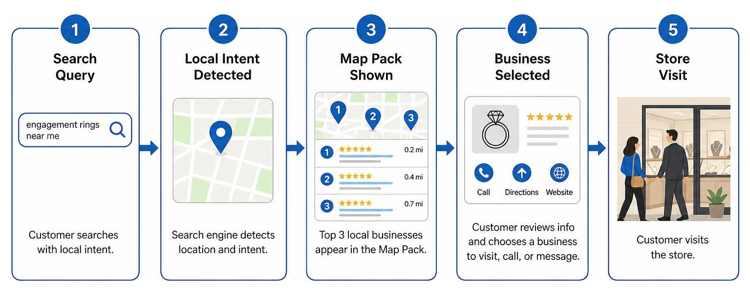 Step-by-step local search decision funnel showing search query to map pack to store visit
