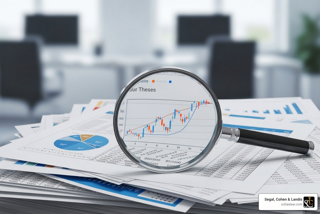 Magnifying glass examining complex tax documents - Franchise Tax Board attorney