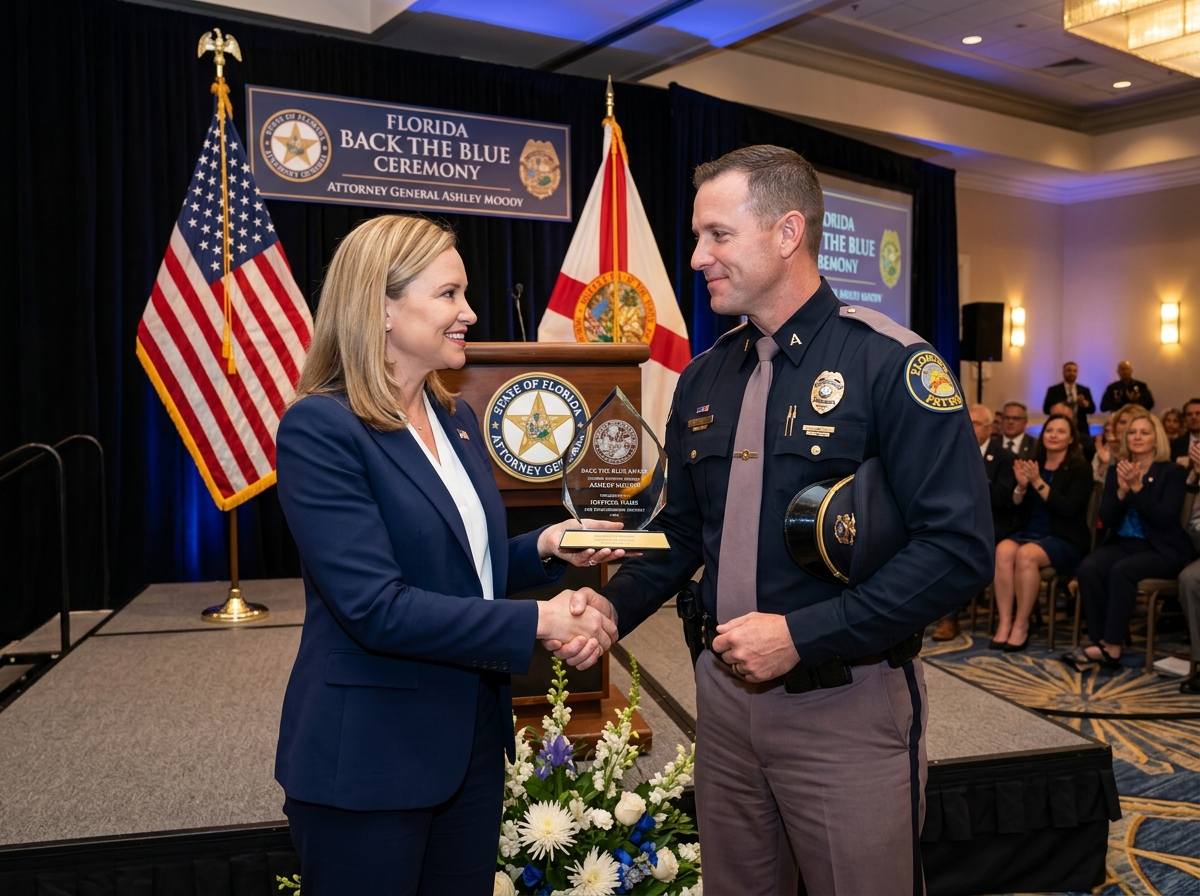 Attorney General Ashley Moody presenting a Back the Blue award to a Florida law enforcement officer - back the blue Florida Attorney General Ashley Moody presenting a Back the Blue award to a Florida law enforcement officer - back the blue Florida
