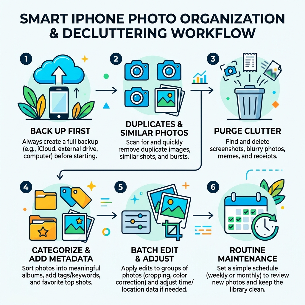 Step-by-step photo organization and decluttering workflow for iPhone users - photo management app ios infographic 