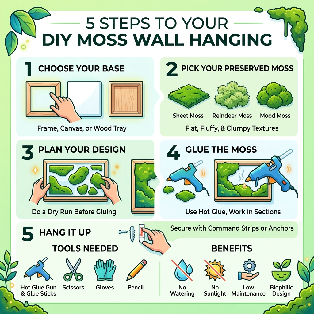 Infographic showing 5 steps to make a DIY moss wall hanging with moss types and tools needed - diy moss wall hanging