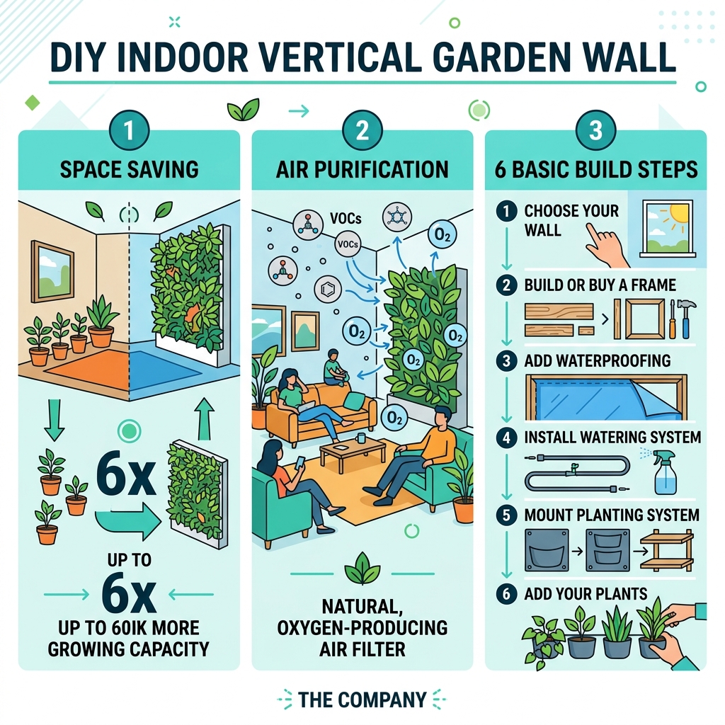 Benefits of a DIY indoor vertical garden wall infographic showing space savings, air purification, and build steps - diy Benefits of a DIY indoor vertical garden wall infographic showing space savings, air purification, and build steps - diy