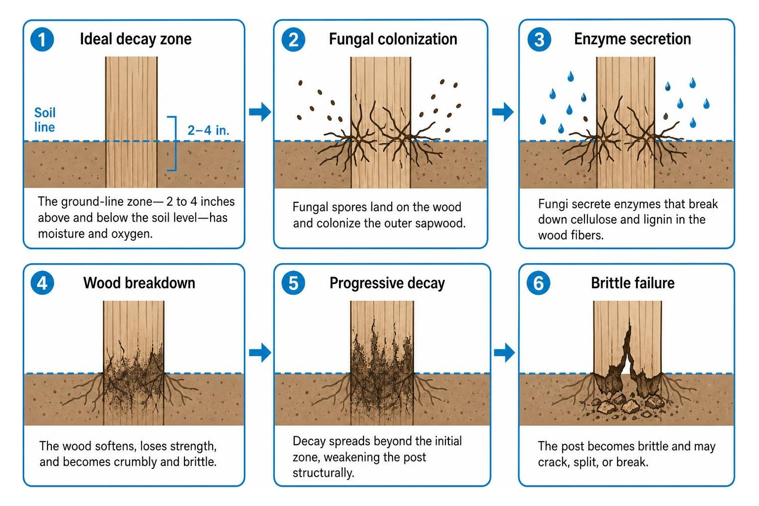 Process of fungal wood decay at ground line Process of fungal wood decay at ground line
