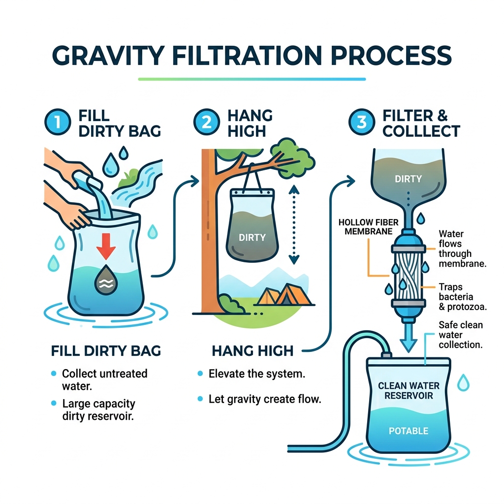 Gravity filtration process infographic: fill dirty bag, hang high, water flows through hollow fiber membrane into clean Gravity filtration process infographic: fill dirty bag, hang high, water flows through hollow fiber membrane into clean