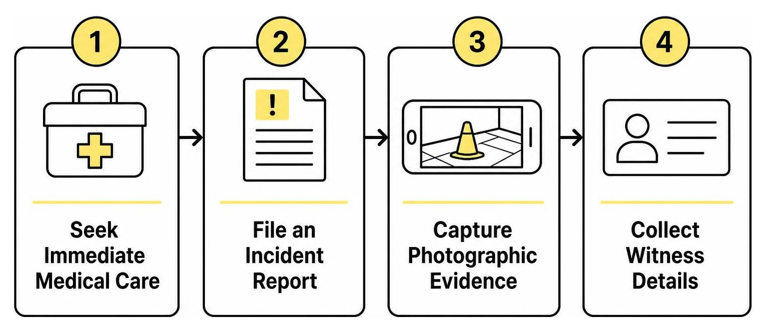 Steps following a slip and fall: medical care, incident report, evidence capture, witness contacts