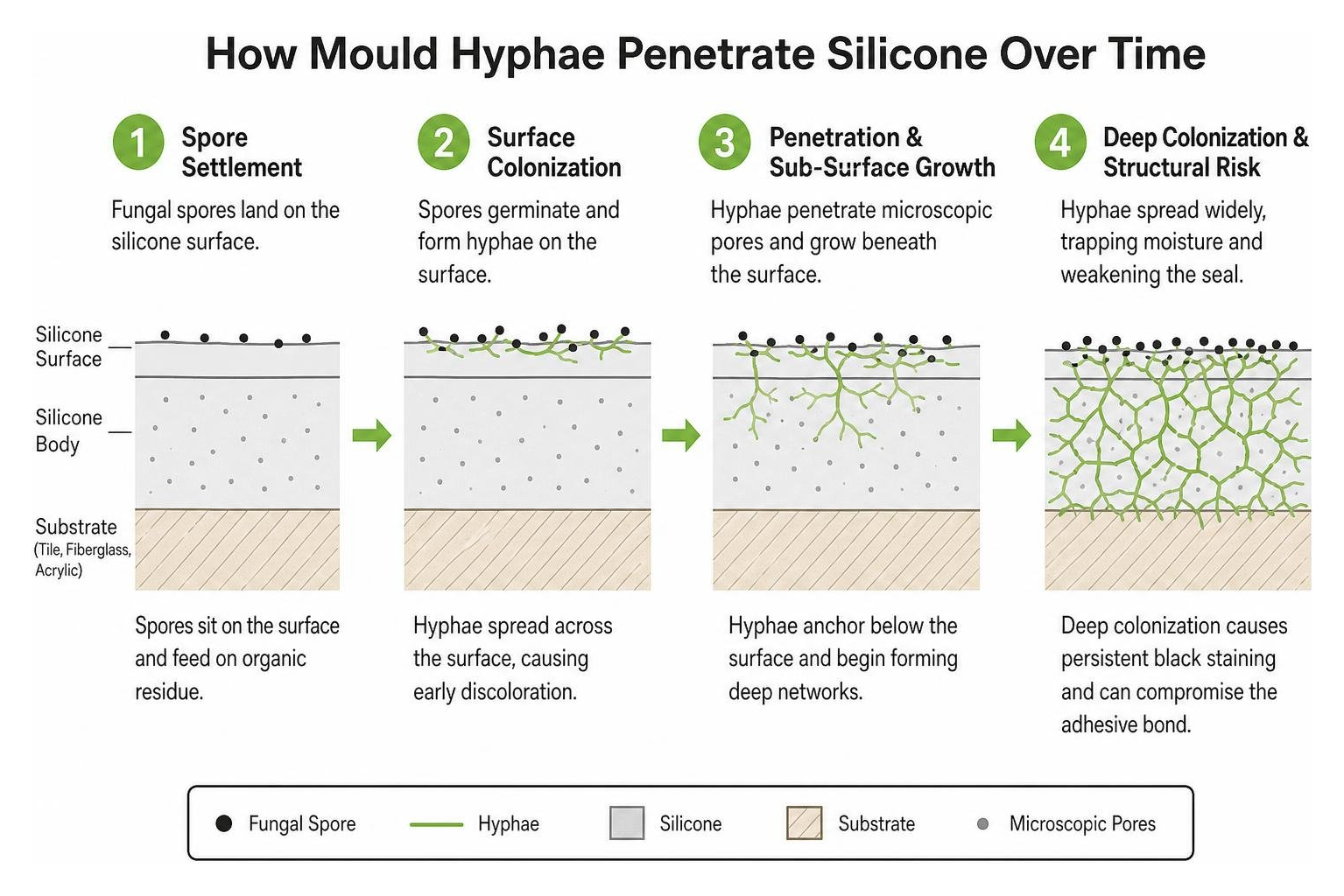Diagram showing how mould hyphae penetrate silicone over time