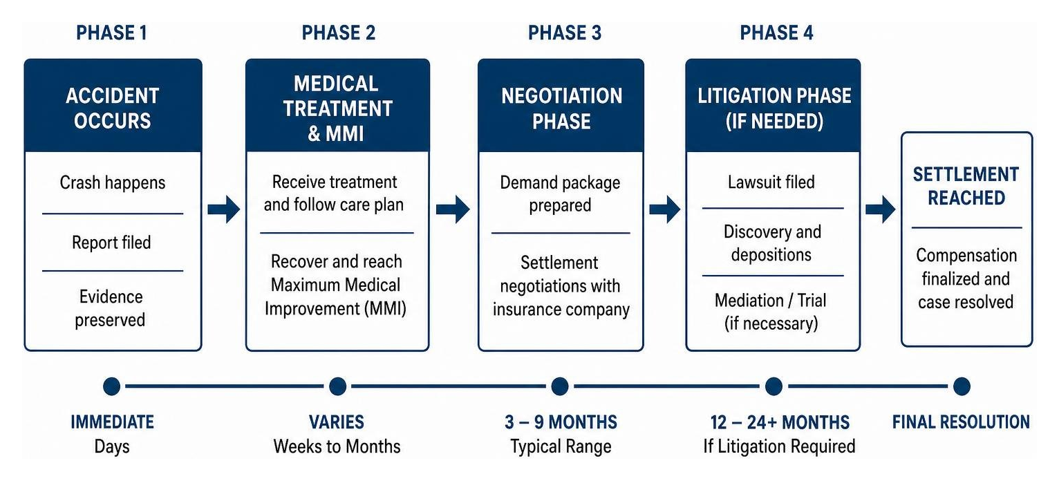 Timeline diagram showing the phases of a bus accident claim from the crash to the final settlement Timeline diagram showing the phases of a bus accident claim from the crash to the final settlement
