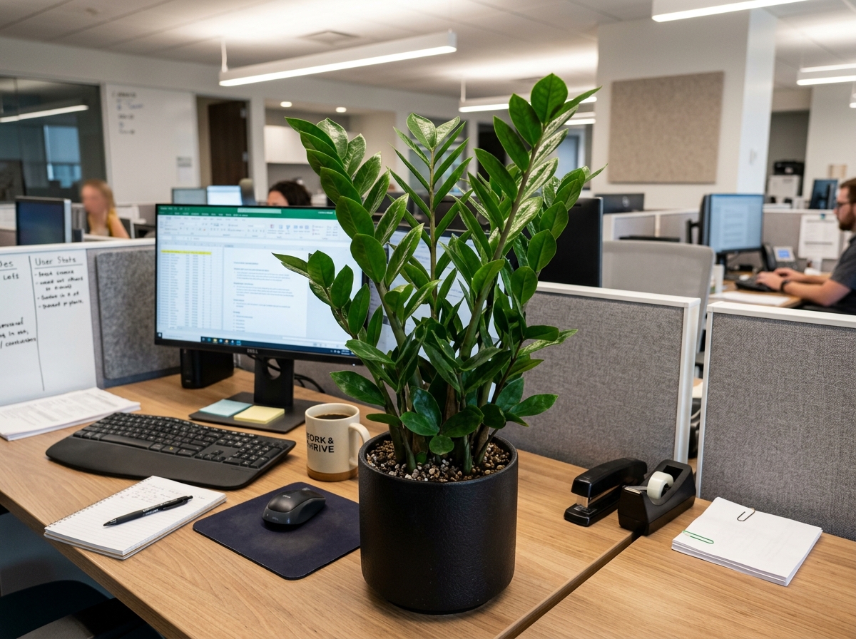 ZZ plant on an office desk - best indoor plants for cubicle
