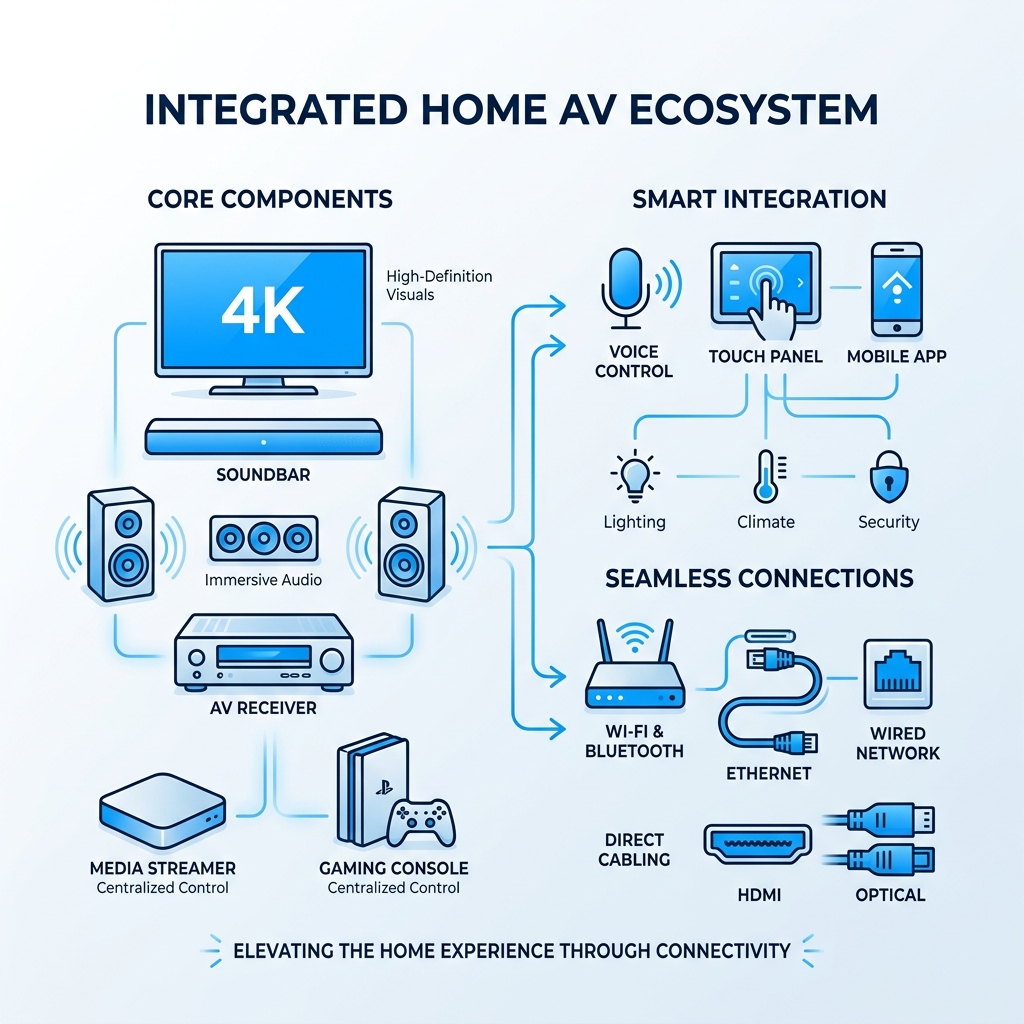 Home AV ecosystem infographic showing components, connections, and smart home integration - home av installation infographic Home AV ecosystem infographic showing components, connections, and smart home integration - home av installation infographic