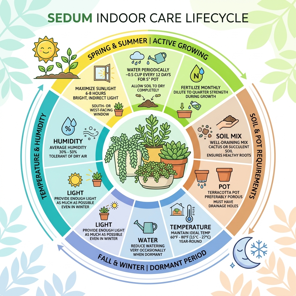Sedum indoor care lifecycle infographic showing light, water, soil, temperature, and seasonal care steps - sedum indoor care Sedum indoor care lifecycle infographic showing light, water, soil, temperature, and seasonal care steps - sedum indoor care