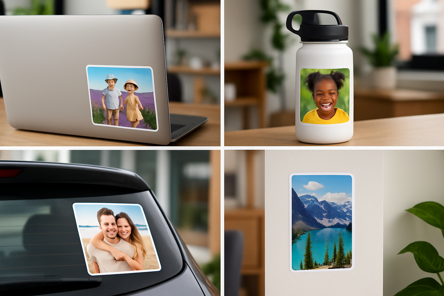 Collection of finished vinyl photo decals showing various applications - how to print a photo on vinyl