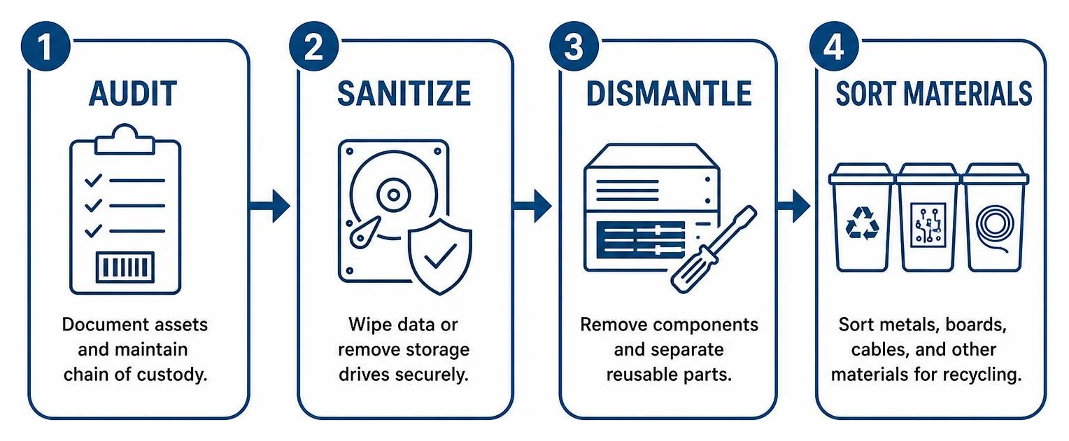 Server decommissioning sequence: audit, sanitize, dismantle, sort materials
