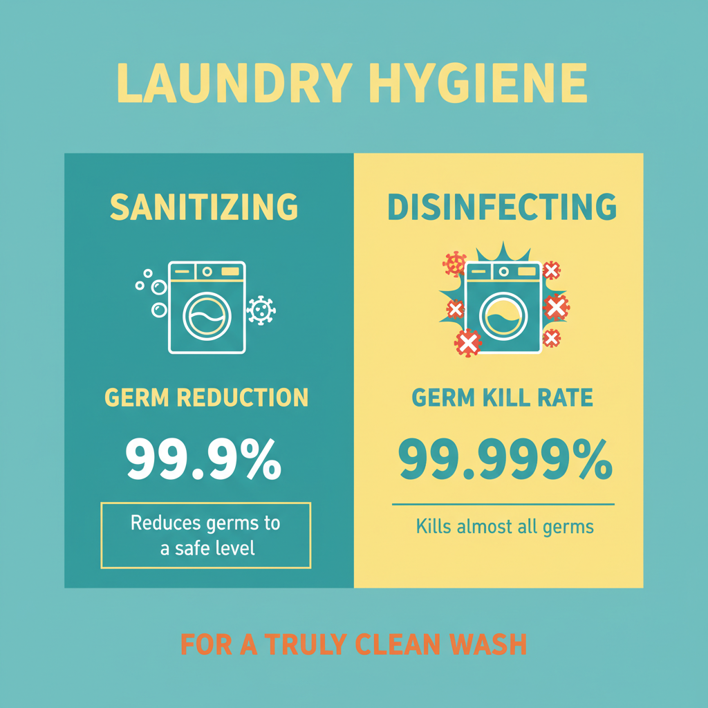 Infographic showing the difference between sanitizing (99.9% germ reduction) and disinfecting (99.999% kill rate) in laundry