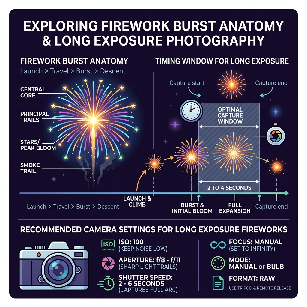 Infographic showing firework burst anatomy, timing window, and recommended camera settings for long exposure - long exposure Infographic showing firework burst anatomy, timing window, and recommended camera settings for long exposure - long exposure