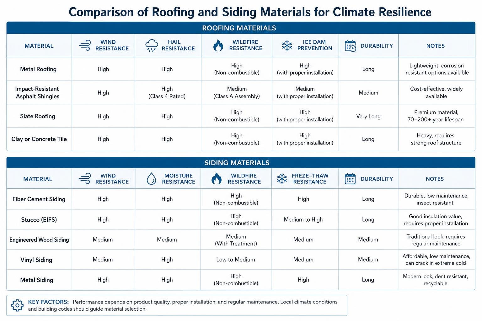 Comparison of roofing and siding materials for climate resilience