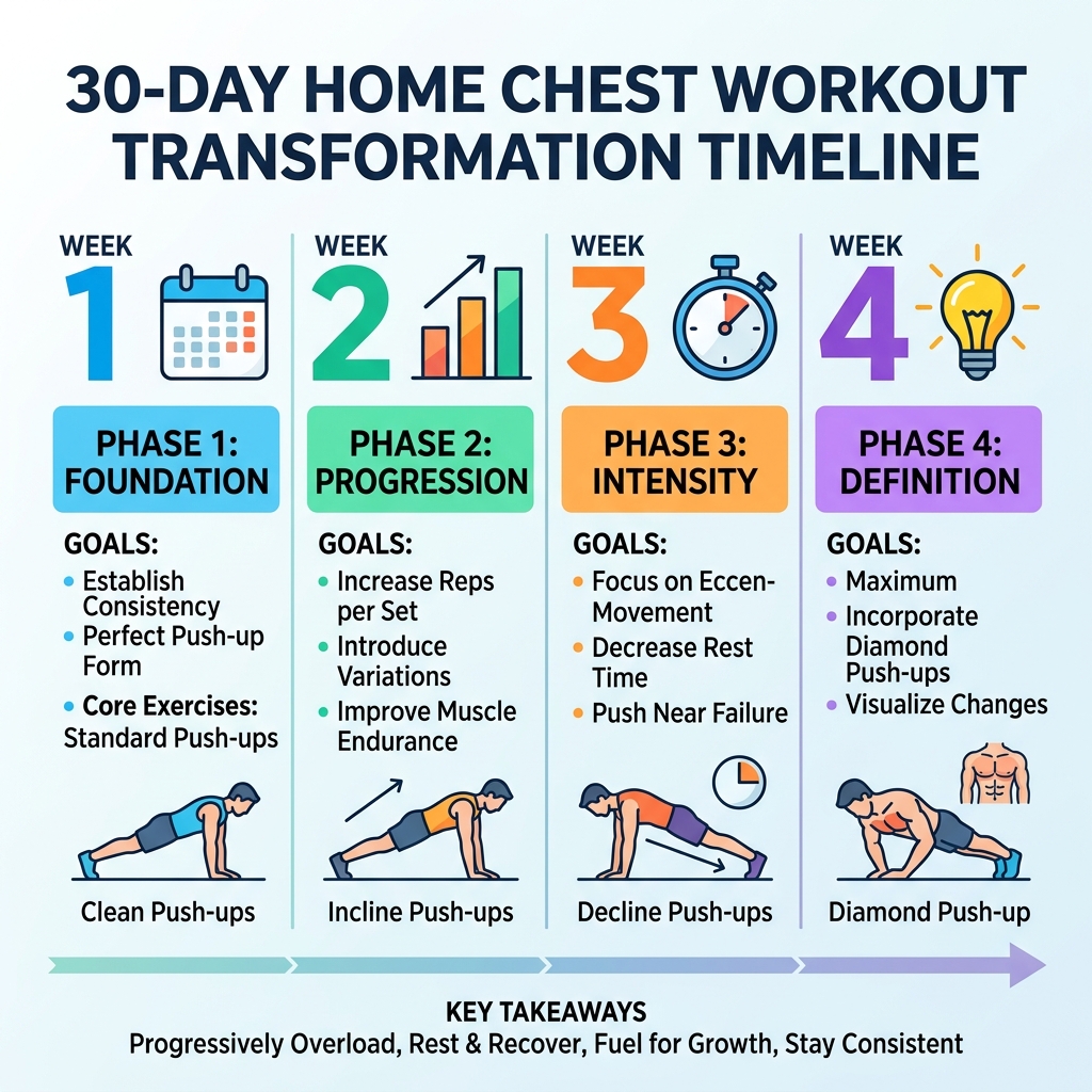 30-day home chest workout transformation timeline infographic with phases and weekly goals - 30 day home chest workout