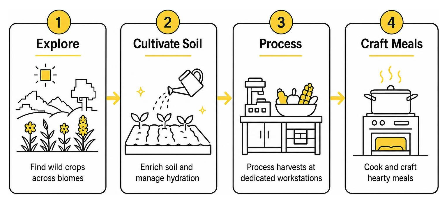 Exploration to wild crop discovery, soil cultivation, workstation processing, and meal crafting Exploration to wild crop discovery, soil cultivation, workstation processing, and meal crafting