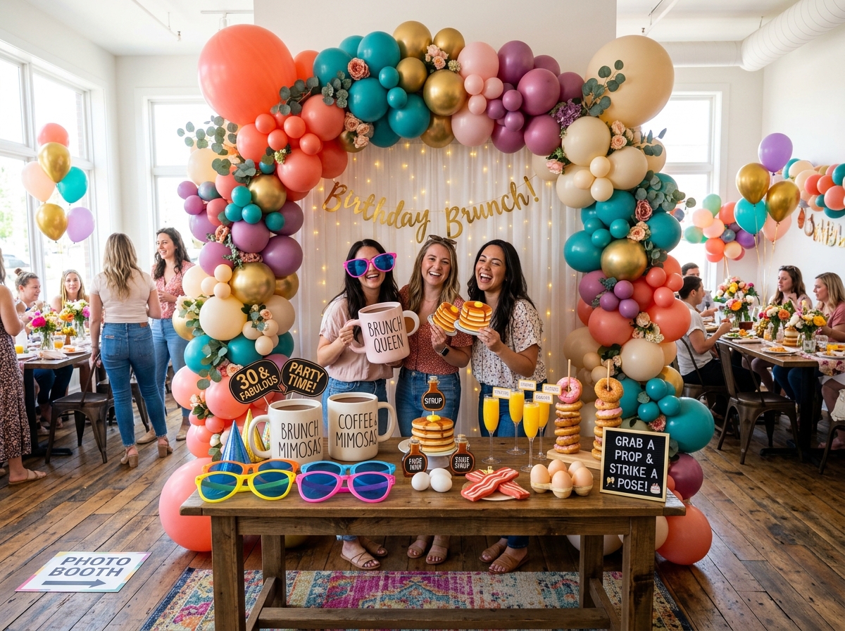 a DIY photo area at a birthday brunch with a balloon arch and fun props like oversized sunglasses and coffee mugs - brunch a DIY photo area at a birthday brunch with a balloon arch and fun props like oversized sunglasses and coffee mugs - brunch