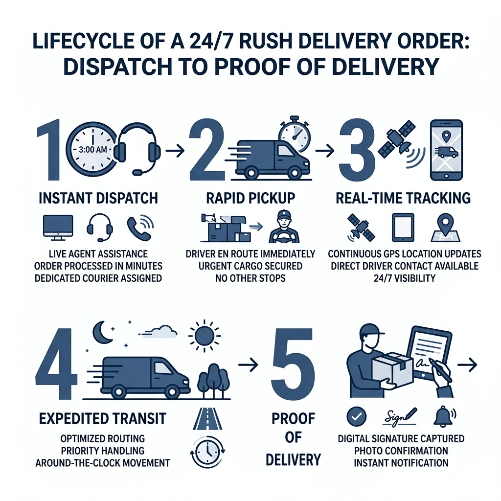 Infographic showing lifecycle of a 24/7 rush delivery order from dispatch to proof of delivery - 24/7 rush delivery support Infographic showing lifecycle of a 24/7 rush delivery order from dispatch to proof of delivery - 24/7 rush delivery support