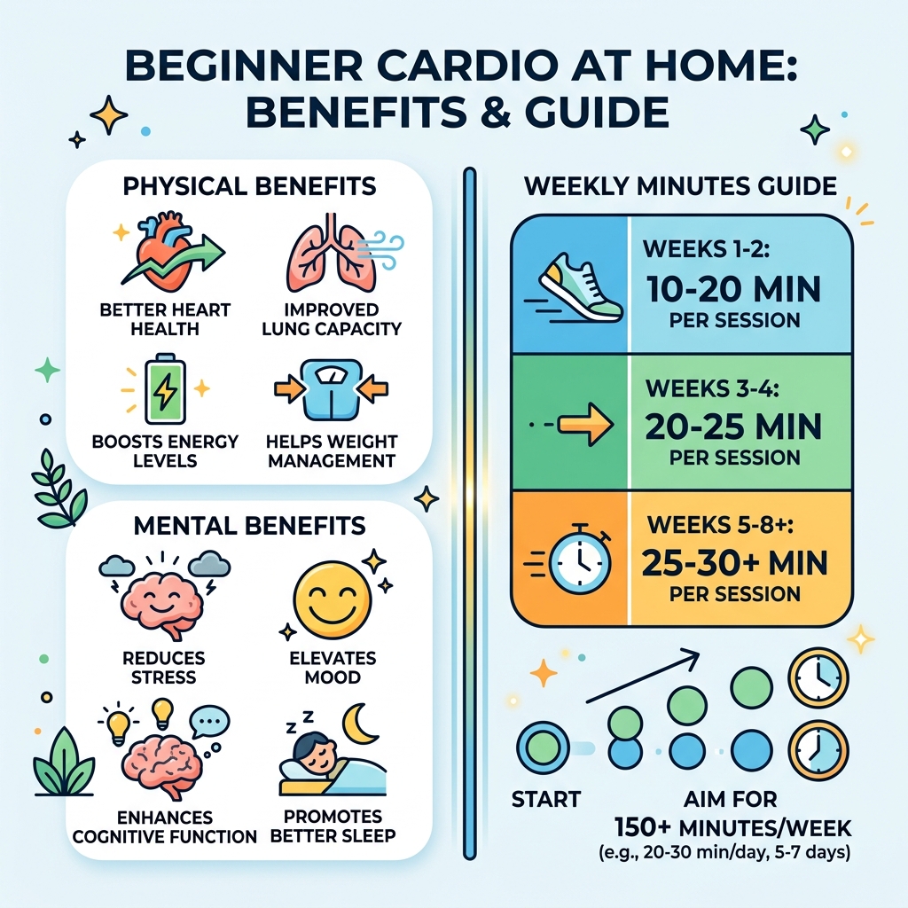 Infographic showing physical and mental benefits of beginner cardio at home with weekly minutes guide - cardio for beginners Infographic showing physical and mental benefits of beginner cardio at home with weekly minutes guide - cardio for beginners