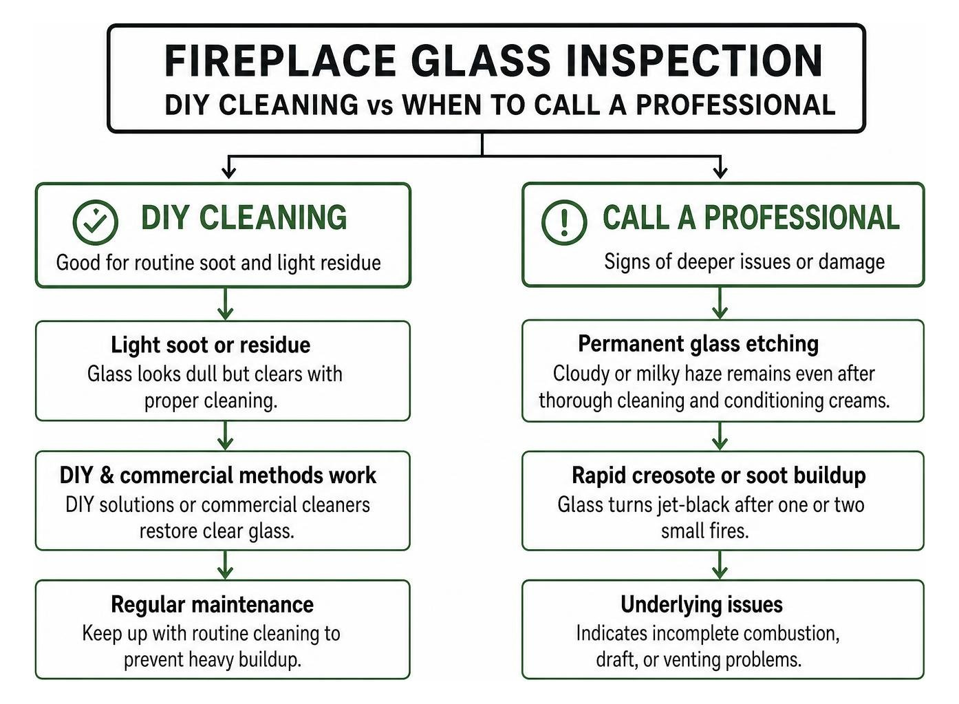 Fireplace glass inspection flowchart showing DIY cleaning vs when to call a professional