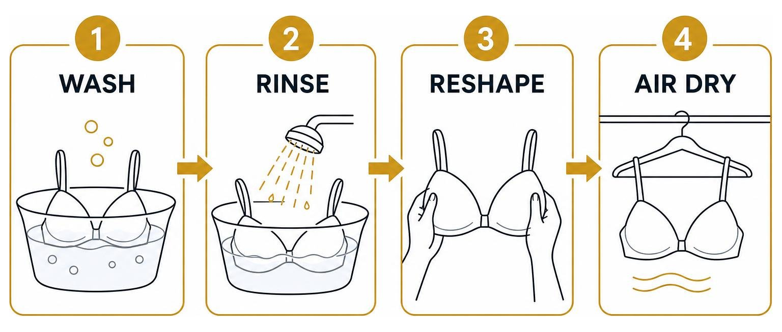 Step-by-step wireless bra washing process: wash, rinse, reshape, air dry