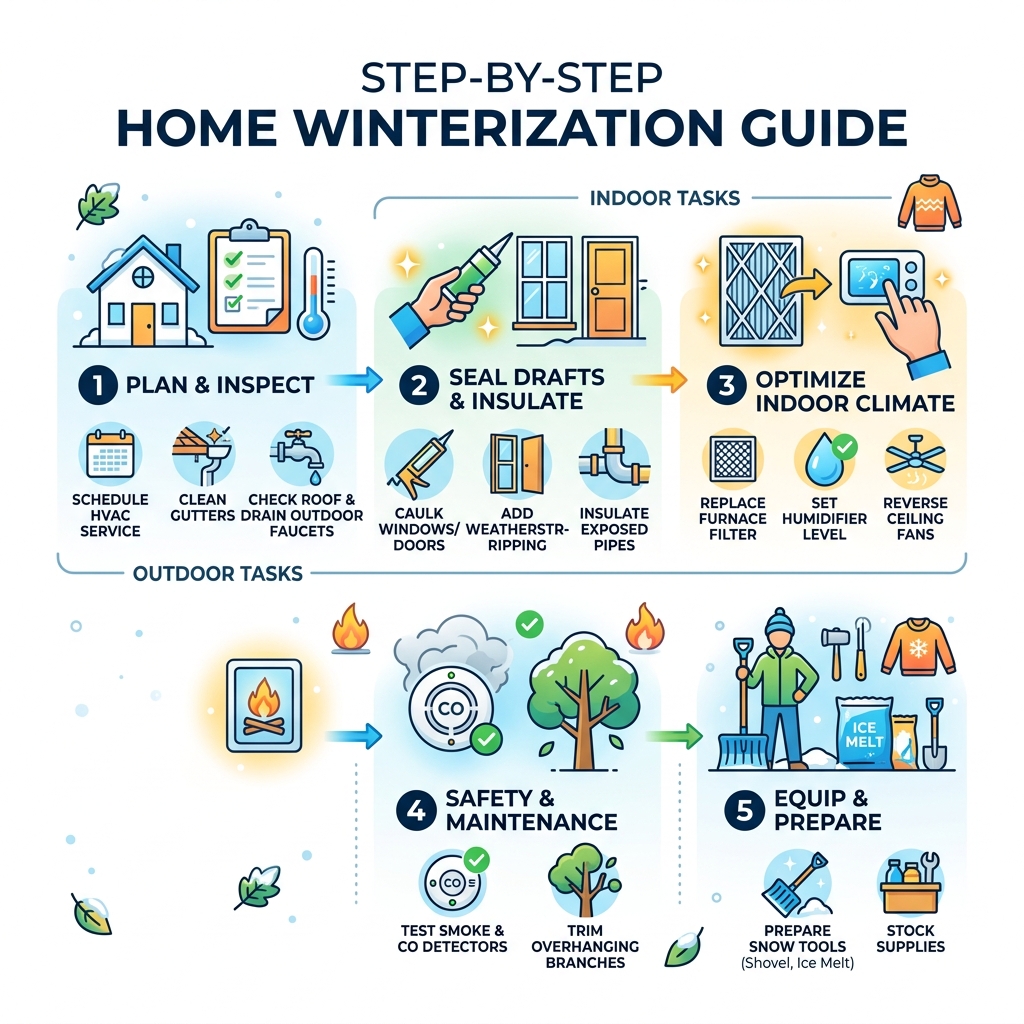 Step-by-step home winterization process infographic with indoor and outdoor tasks - home winterization checklist pdf Step-by-step home winterization process infographic with indoor and outdoor tasks - home winterization checklist pdf
