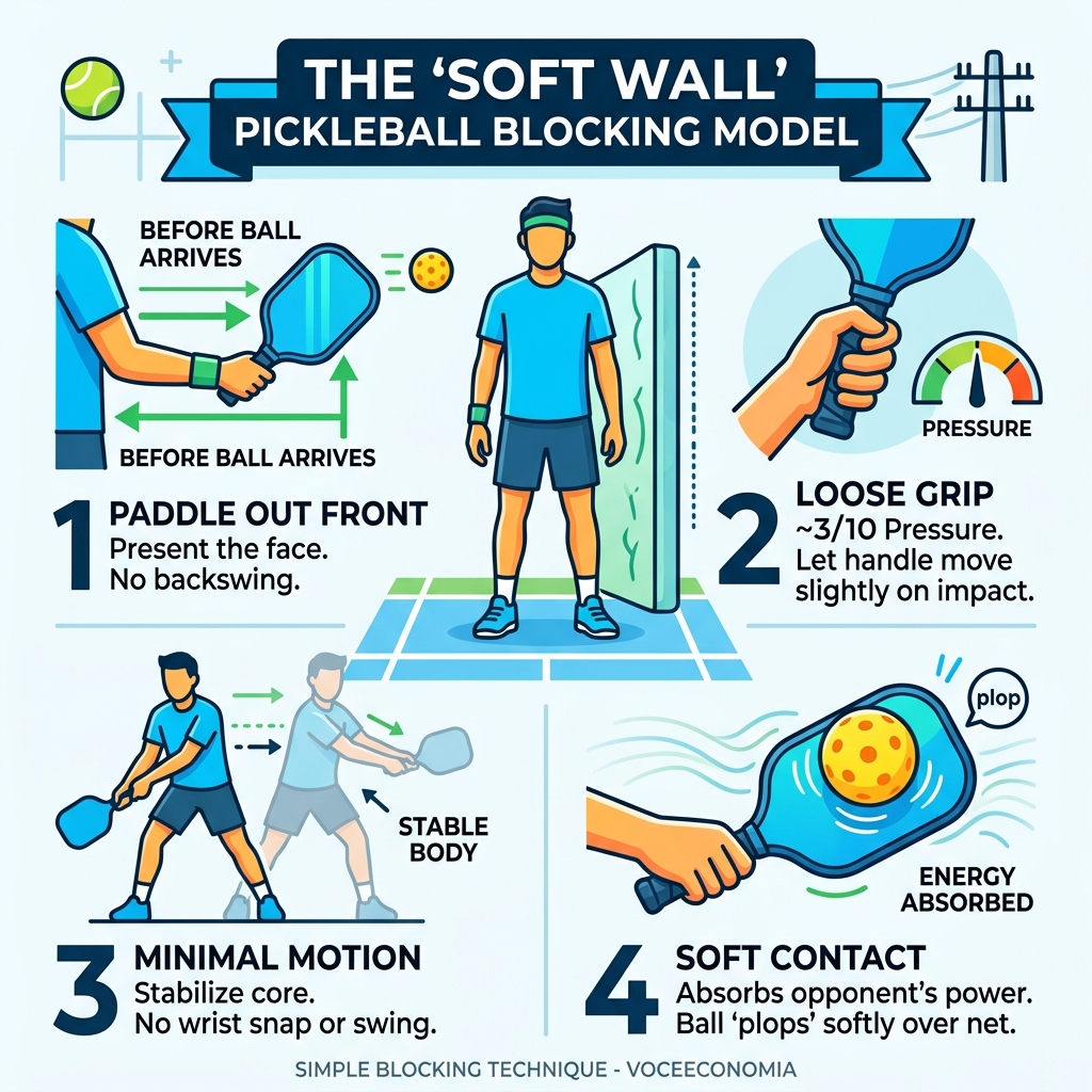 Infographic showing the Soft Wall mental model for pickleball blocking: loose grip, paddle out front, minimal motion, soft