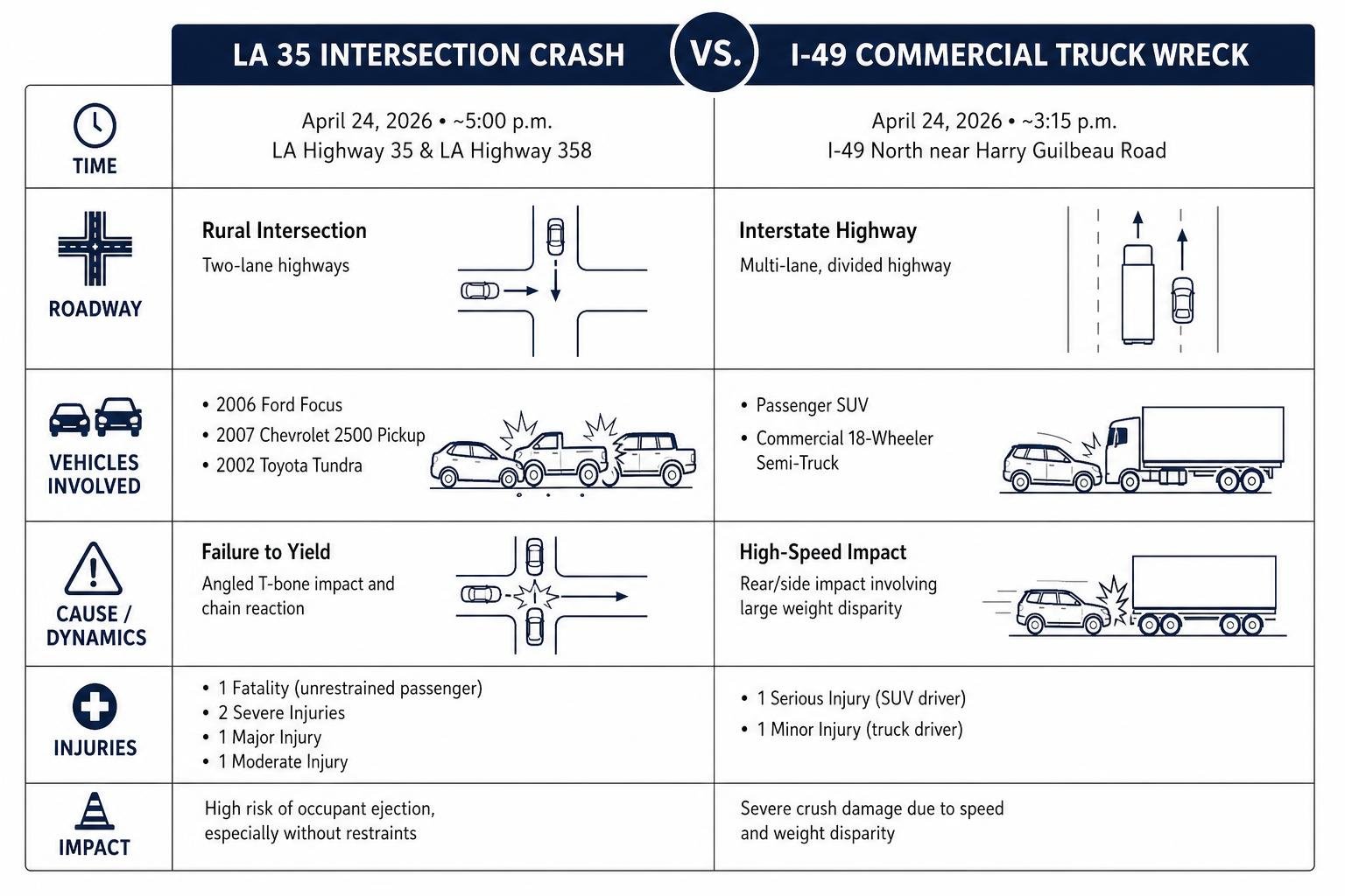 Comparison of LA 35 intersection crash and I-49 commercial truck wreck Comparison of LA 35 intersection crash and I-49 commercial truck wreck