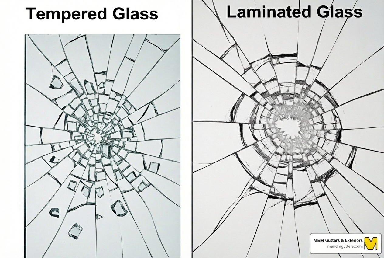 The different shattering patterns of tempered glass (small, blunt pieces) and laminated glass (spider-web pattern) - Window glass types The different shattering patterns of tempered glass (small, blunt pieces) and laminated glass (spider-web pattern) - Window glass types