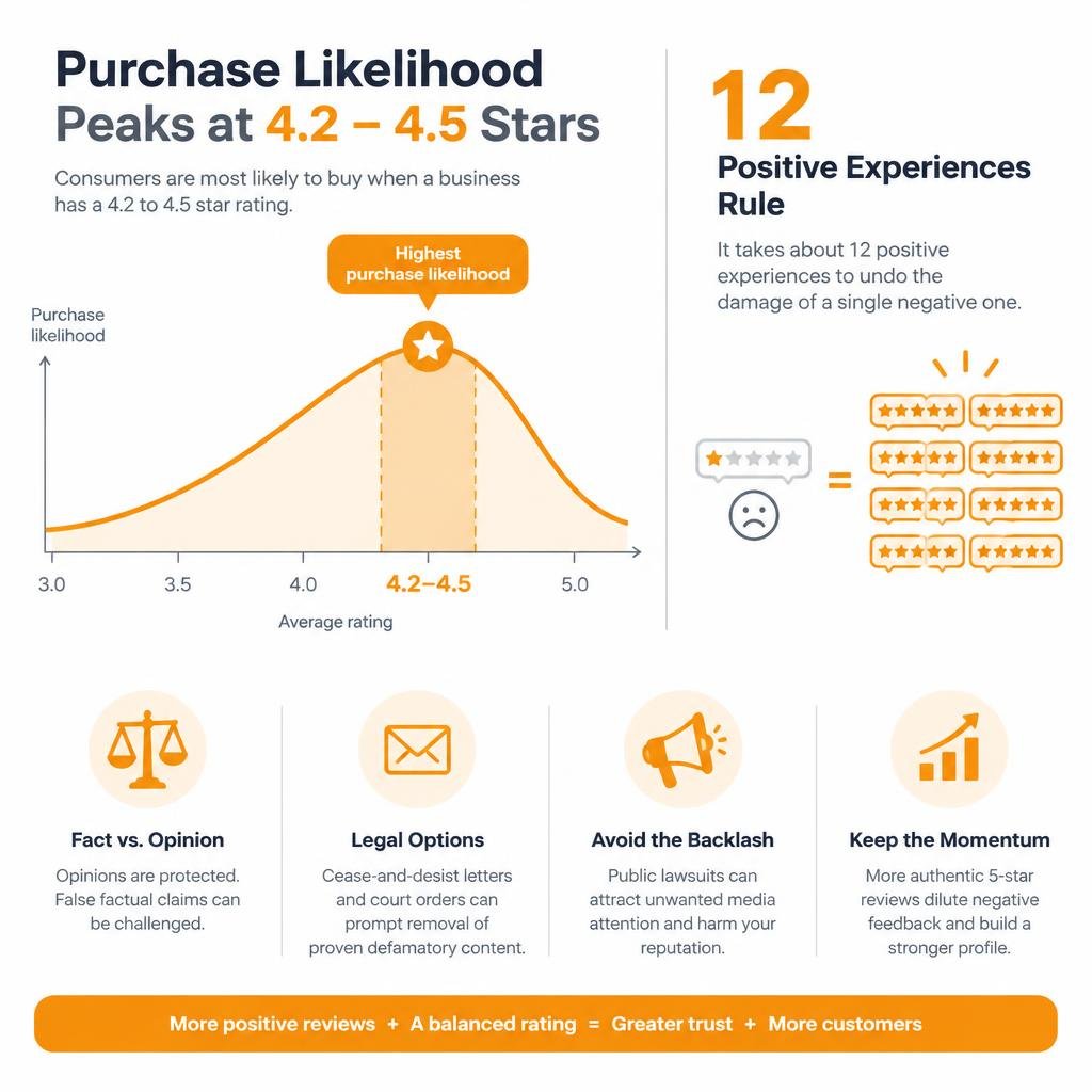 Infographic displaying purchase likelihood peaking between 4.2 and 4.5 stars and the 12 positive experiences rule infographic
