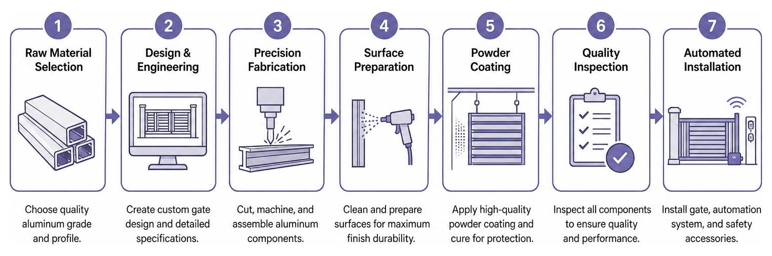 Step by step progression from gate raw material selection to automated installation