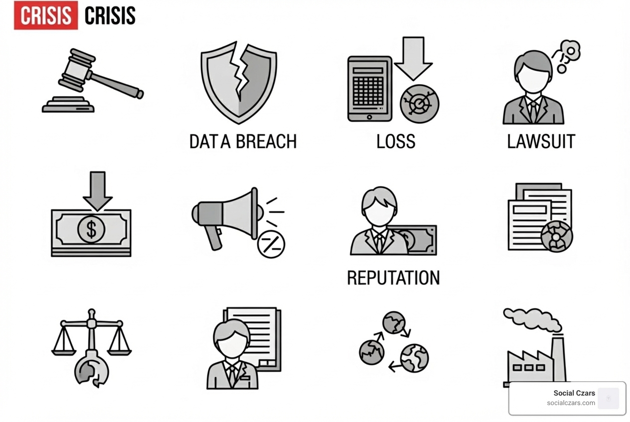 Icons representing different types of crises - Top 10 Crisis SEO Firms for CEOs