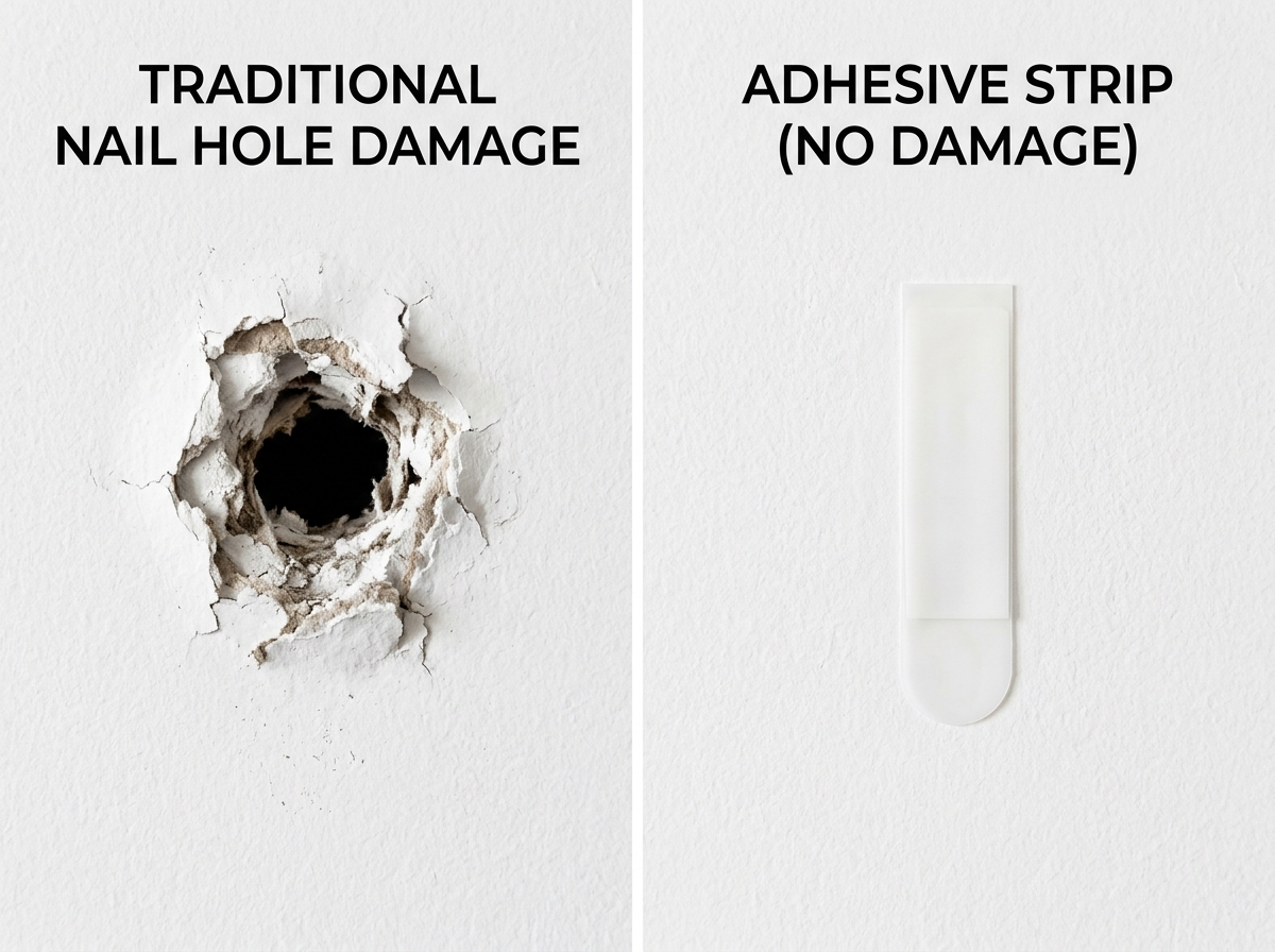 Diagram showing the difference between a jagged nail hole in drywall and a smooth adhesive strip application - no damage