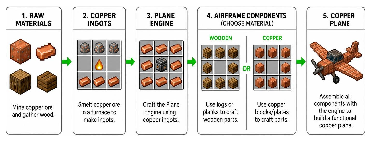 Diagram of the crafting progression from raw materials to a functional copper plane Diagram of the crafting progression from raw materials to a functional copper plane