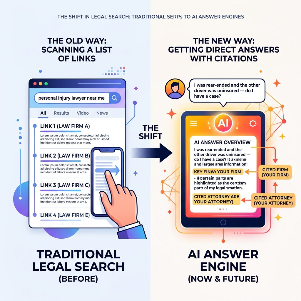 Infographic showing shift from traditional Google SERPs to AI Answer Engines for legal searches - GEO for Law Firms
