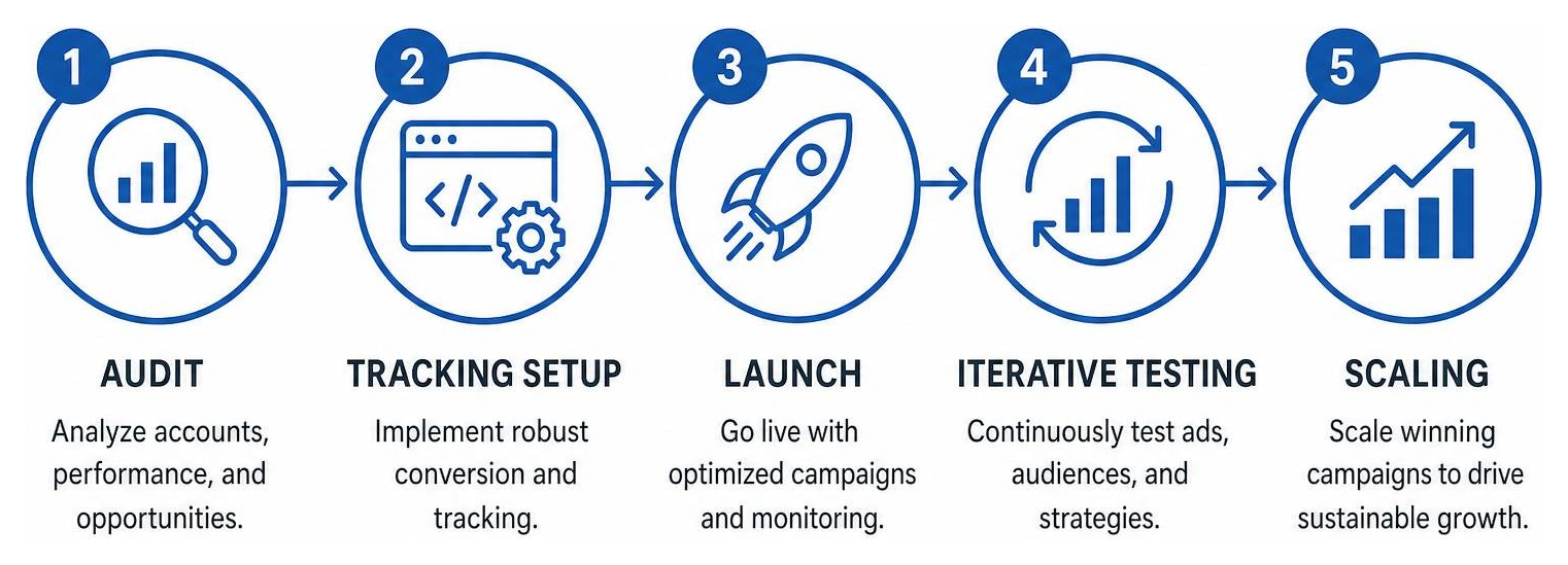 systematic PPC campaign lifecycle: audit, tracking setup, launch, iterative testing, and scaling