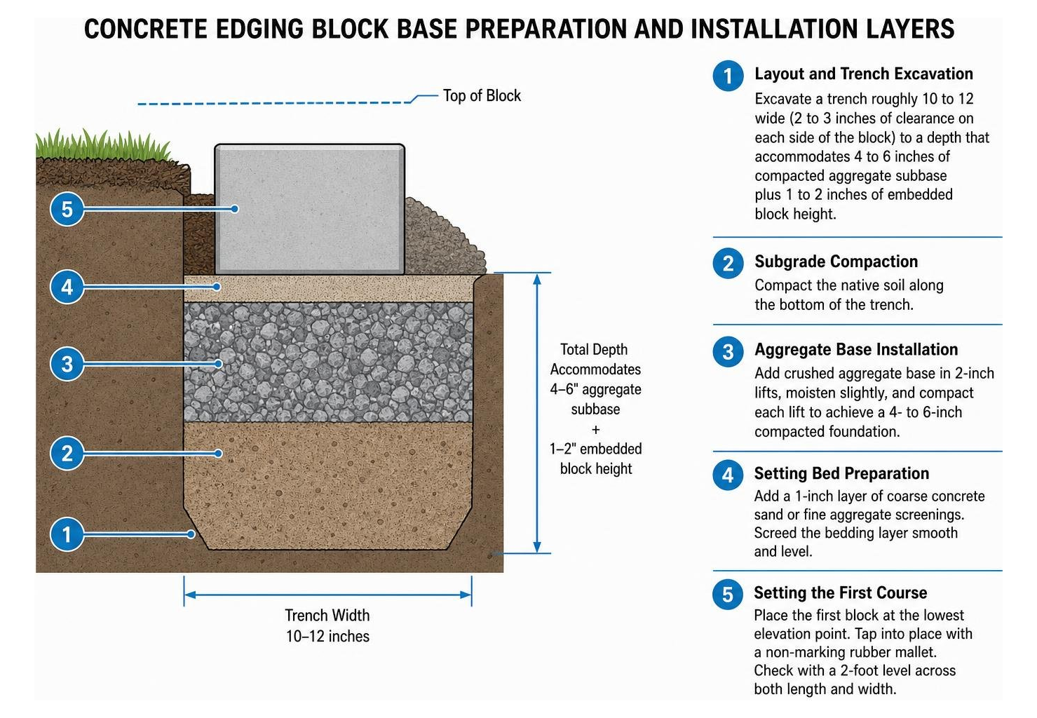 Diagram showing concrete edging block base preparation and installation layers Diagram showing concrete edging block base preparation and installation layers