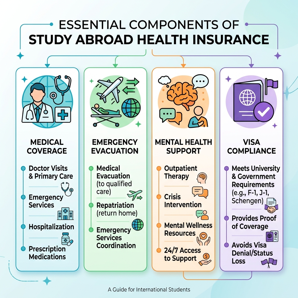 Components of study abroad health insurance coverage including medical, evacuation, mental health, and visa compliance