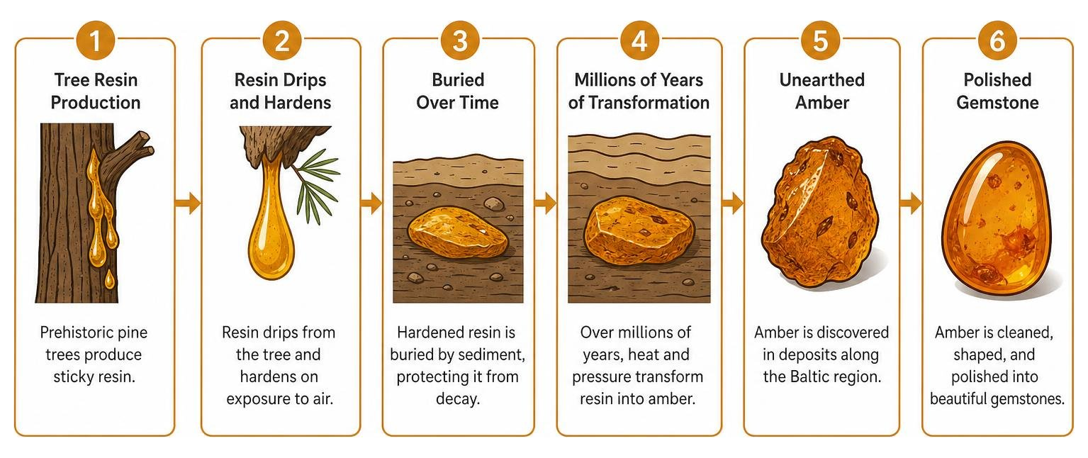 Diagram showing the step-by-step formation of Baltic amber from tree resin to polished gemstone